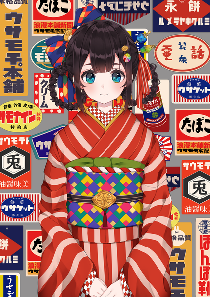 Anime picture 1063x1505 with original usamochi. single long hair tall image looking at viewer blush fringe blue eyes black hair smile upper body braid (braids) traditional clothes japanese clothes striped hair rings girl hair ornament kimono