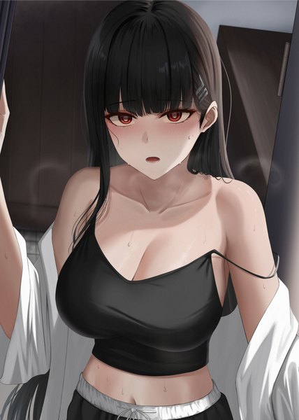 Anime picture 2908x4080 with blue archive rio (blue archive) yamikyon single long hair tall image looking at viewer blush fringe highres breasts open mouth light erotic black hair red eyes large breasts standing cleavage off shoulder midriff