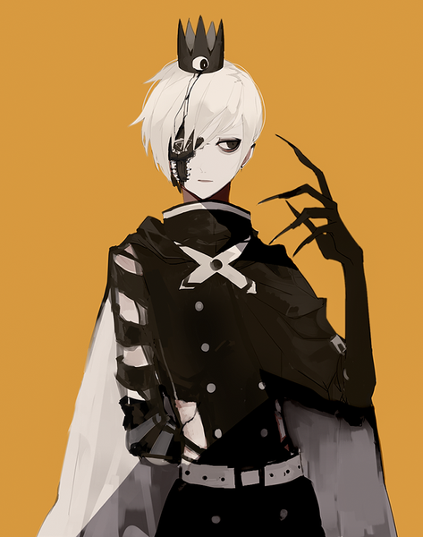 Anime picture 749x950 with original unnoa single tall image fringe short hair simple background blonde hair looking away parted lips arm up black eyes pale skin boy belt crown third eye