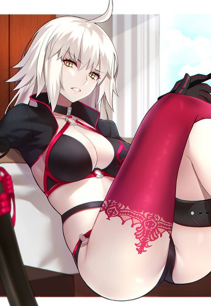 Anime picture 930x1344 with fate (series) fate/grand order jeanne d'arc (fate) (all) jeanne d'arc alter (fate) jeanne d'arc alter (swimsuit berserker) (fate) shiguru single long hair tall image looking at viewer fringe breasts light erotic hair between eyes sitting yellow eyes payot cleavage silver hair ahoge