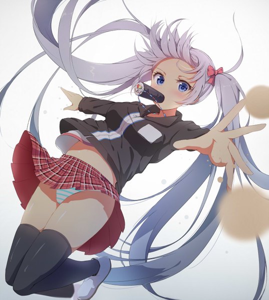 Anime picture 1342x1500 with original alexmaster single tall image looking at viewer blush blue eyes light erotic simple background white background twintails holding white hair very long hair mouth hold outstretched hand falling setsubun twintails day girl