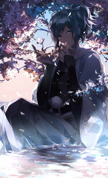 Anime picture 800x1320 with touken ranbu nitroplus yamato no kami yasusada fuku tsu single long hair tall image looking at viewer fringe blue eyes black hair sitting holding ponytail traditional clothes head tilt japanese clothes boy flower (flowers) petals