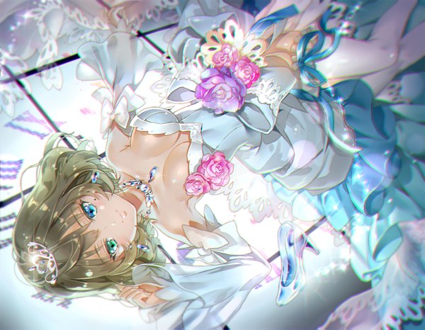 Anime picture 1500x1167 with idolmaster idolmaster cinderella girls takagaki kaede hoshii hisa single blush short hair breasts blue eyes brown hair green eyes lying on back heterochromia girl thighhighs dress flower (flowers) ribbon (ribbons) white thighhighs