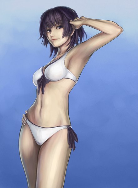 Anime picture 1100x1498 with nekomonogatari shaft (studio) monogatari (series) senjougahara hitagi nakacha single tall image looking at viewer short hair light erotic simple background smile purple eyes bare shoulders purple hair realistic bare belly armpit (armpits) hand on hip girl