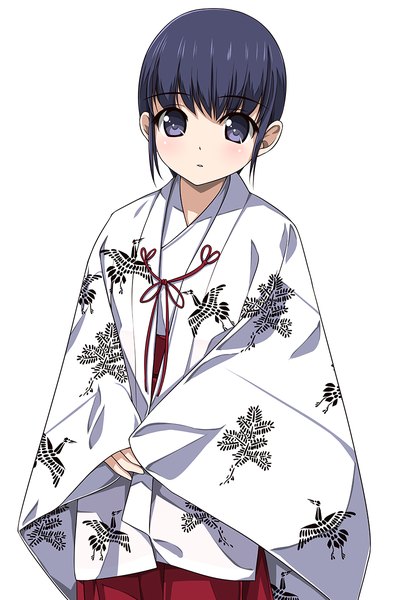 Anime picture 800x1200 with original matsunaga kouyou single tall image looking at viewer blush fringe short hair simple background white background purple eyes purple hair long sleeves traditional clothes japanese clothes wide sleeves miko animal print bird print girl