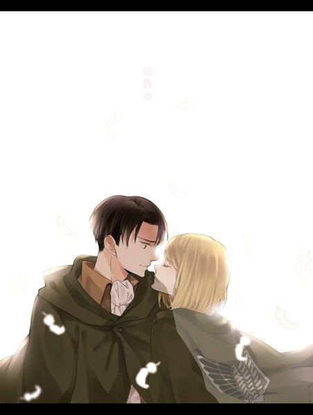 Anime picture 913x1211 with shingeki no kyojin production i.g levi (rivaille) petra ral riceko tall image short hair black hair simple background blonde hair white background eyes closed profile face to face transparent girl boy cape feather (feathers)