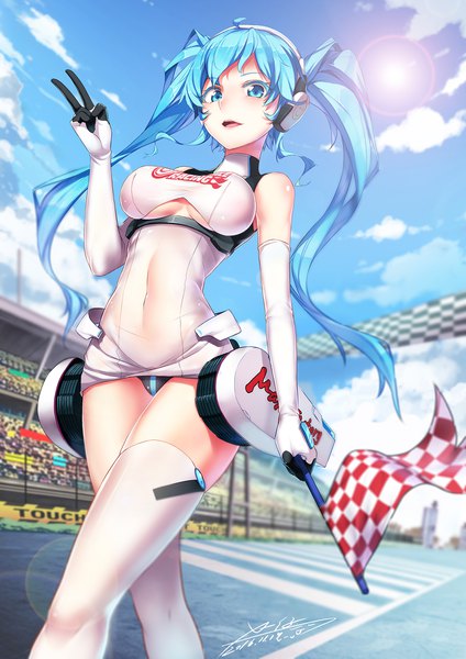 Anime picture 1500x2121 with vocaloid goodsmile racing goodsmile company hatsune miku racing miku racing miku (2014) x-boy single long hair tall image blush breasts blue eyes light erotic large breasts twintails holding signed blue hair sky