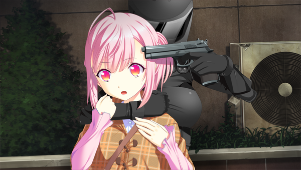 Anime picture 1300x735 with touhikou game houjou akito ichiha nia yasuyuki blush short hair breasts open mouth wide image large breasts multiple girls pink hair game cg pink eyes surprised latex girl gloves hair ornament weapon
