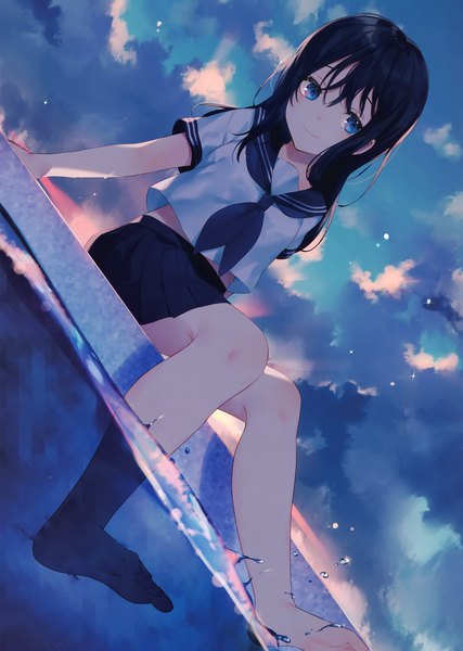 Anime picture 2111x2964 with original achiki single long hair tall image looking at viewer blush fringe highres blue eyes black hair smile hair between eyes sitting cloud (clouds) outdoors pleated skirt barefoot scan arm support