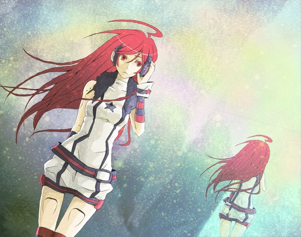 Anime picture 1386x1092 with vocaloid miki (vocaloid) caprico long hair red eyes ahoge red hair wind from behind girl detached sleeves headphones star (stars)