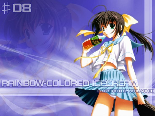 Anime picture 1024x768 with rainbow colored icecream tagme (character) nanao naru single long hair looking at viewer brown hair green eyes ponytail pleated skirt bare legs pantyshot third-party edit zoom layer wind lift girl skirt navel uniform underwear