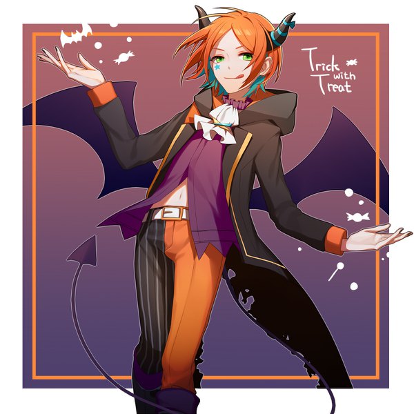 Anime picture 1200x1200 with ensemble stars! aoi yuuta asd13 single looking at viewer short hair green eyes tail nail polish multicolored hair horn (horns) orange hair two-tone hair facial mark border spread arms halloween colored inner hair demon tail demon wings