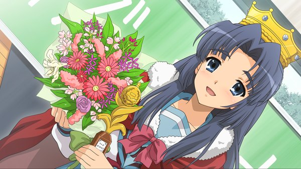 Anime picture 1920x1080 with suzumiya haruhi no yuutsu kyoto animation asakura ryouko single long hair looking at viewer highres open mouth blue eyes wide image blue hair game cg girl uniform flower (flowers) school uniform crown bouquet