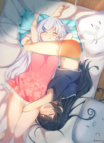 Anime picture 1389x1920 with original nasuno chiyo long hair tall image blush fringe breasts open mouth black hair smile multiple girls holding silver hair full body indoors lying eyes closed barefoot blurry bare belly