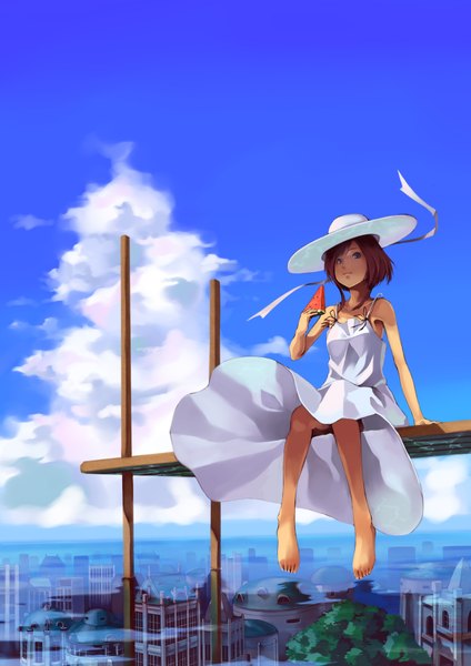 Anime picture 2893x4092 with original foge single tall image looking at viewer highres short hair blue eyes brown hair sitting bare shoulders holding sky cloud (clouds) barefoot wind no shoes city cityscape summer