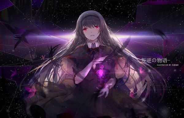 Anime picture 1100x706 with mahou shoujo madoka magica shaft (studio) akemi homura homulilly bai qi-qsr single long hair looking at viewer fringe open mouth black hair hair between eyes signed pink eyes tears girl dress bowtie black dress star (stars)