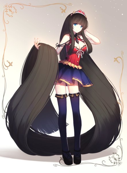 Anime picture 1059x1433 with original cubies (tiger 205) single tall image looking at viewer blue eyes black hair bare shoulders very long hair girl thighhighs dress black thighhighs