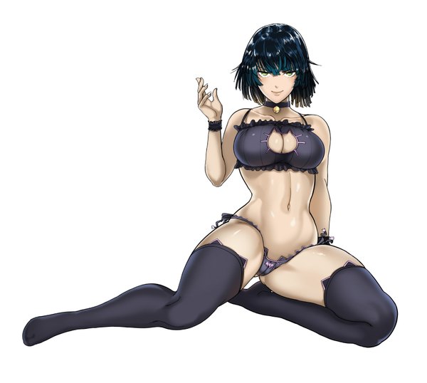 Anime picture 1671x1500 with one-punch man madhouse fubuki (one-punch man) the golden smurf single short hair breasts light erotic black hair simple background white background green eyes underwear only girl thighhighs navel underwear panties black thighhighs lingerie