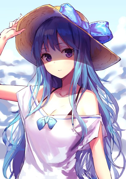 Anime picture 1447x2047 with original ato (haru ato) single long hair tall image looking at viewer light erotic purple eyes bare shoulders blue hair cleavage upper body shaded face adjusting hat girl bow hat hat ribbon