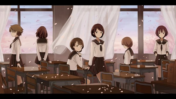 Anime picture 1150x650 with original suya (suya000) looking at viewer fringe short hair smile brown hair wide image standing sitting multiple girls brown eyes profile pleated skirt wind from behind 6+ girls classroom 6 girls hands on hips