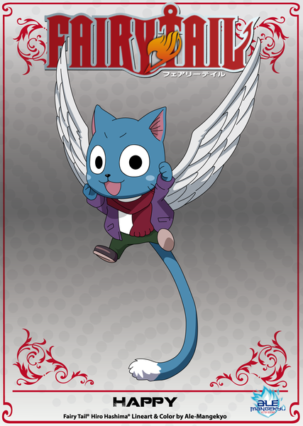 Anime picture 1404x1973 with fairy tail happy (fairy tail) ale-mangekyo single tall image open mouth simple background black eyes inscription framed vector animal wings scarf cat