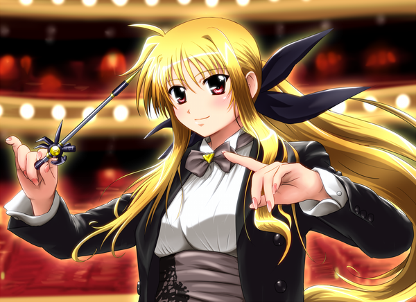Anime picture 1450x1054 with mahou shoujo lyrical nanoha mahou shoujo lyrical nanoha strikers fate testarossa diesel-turbo single long hair blonde hair red eyes girl bow hair bow kapellmeister