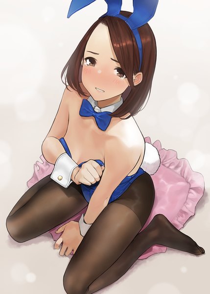 Anime picture 858x1200 with miru tights original moegi homi yomu (sgt epper) single tall image looking at viewer blush short hair breasts light erotic simple background brown hair sitting bare shoulders brown eyes animal ears cleavage full body bent knee (knees)