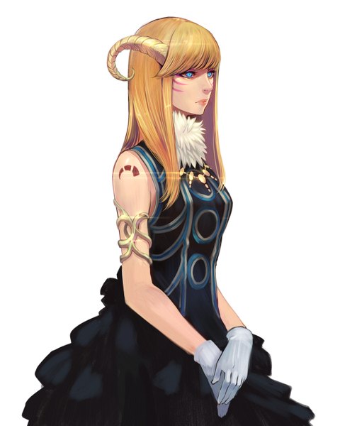 Anime picture 1200x1500 with original hidezi single long hair tall image fringe breasts blue eyes simple background blonde hair white background looking away horn (horns) lips bodypaint girl dress gloves white gloves black dress