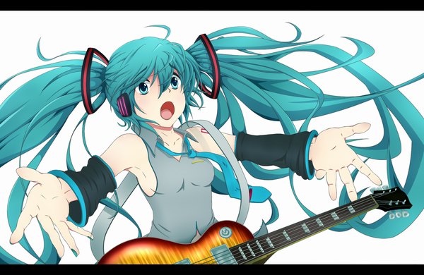 Anime picture 1100x715 with vocaloid hatsune miku negiya (artist) long hair open mouth simple background white background twintails ahoge aqua eyes aqua hair spread arms girl detached sleeves necktie musical instrument guitar