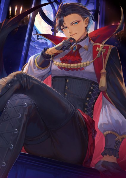 Anime picture 1592x2251 with fate (series) fate/grand order bartholomew roberts (fate/grand order) mashuu (neko no oyashiro) single tall image looking at viewer short hair blue eyes black hair sitting pointy ears night crossed legs halloween hand to mouth boy gloves animal black gloves