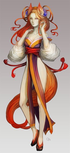 Anime picture 509x1100 with original juuhanna single long hair tall image open mouth simple background blonde hair purple eyes bare shoulders signed animal ears tail braid (braids) nail polish animal tail multicolored hair fingernails orange hair grey background