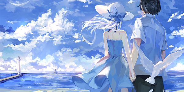 Anime picture 1000x502 with darker than black studio bones yin (darker than black) hei (darker than black) saberiii long hair short hair black hair wide image sky cloud (clouds) white hair wind from behind couple holding hands girl boy hat animal