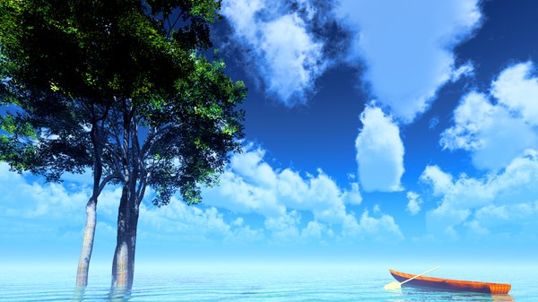 Anime picture 1920x1080 with original y-k highres wide image sky cloud (clouds) wallpaper no people landscape plant (plants) tree (trees) water sea leaf (leaves) watercraft boat oar