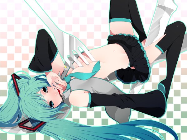 Anime picture 1600x1200 with vocaloid hatsune miku takesouko open mouth twintails very long hair aqua eyes aqua hair girl thighhighs skirt navel black thighhighs detached sleeves miniskirt knife fork