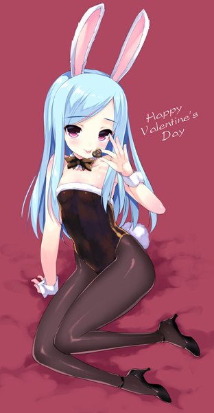 Anime picture 600x1153 with tera online emily (pure dream) single tall image looking at viewer blush light erotic simple background bare shoulders animal ears blue hair pink eyes bunny ears sleeveless red background valentine girl pantyhose food sweets