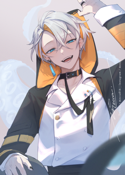Anime picture 2500x3500 with original mzcca single tall image looking at viewer highres short hair open mouth blue eyes signed silver hair head tilt :d multicolored hair streaked hair piercing ear piercing adjusting hood boy choker
