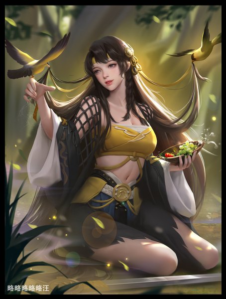 Anime picture 3130x4135 with epic war: thrones tagme (character) yiqian zhang single tall image fringe highres black hair sitting holding signed payot looking away absurdres full body outdoors braid (braids) very long hair nail polish parted lips