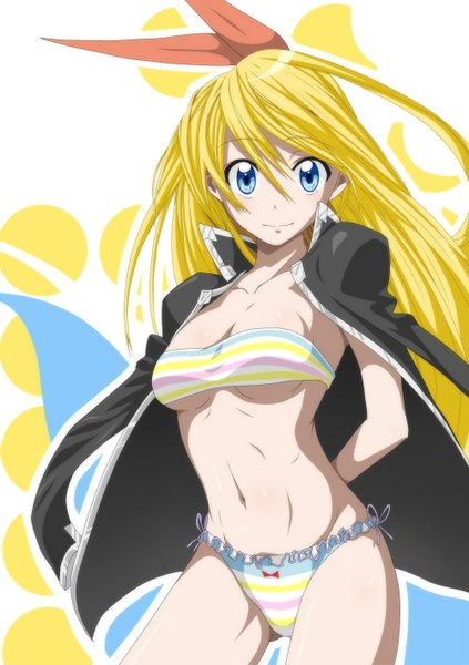 Anime picture 1000x1417 with nisekoi shaft (studio) kirisaki chitoge single long hair tall image looking at viewer fringe blue eyes light erotic simple background blonde hair standing light smile hands behind back striped girl navel uniform bow