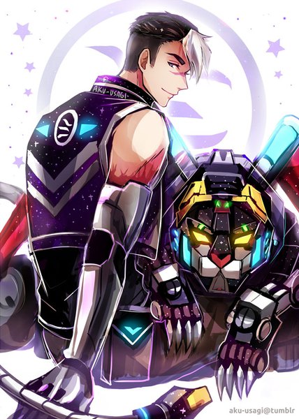 Anime picture 600x840 with voltron: legendary defender hyakujuu-ou golion takashi shirogane kuro-jishi (golion) evil-usagi single tall image short hair black hair smile sitting signed white hair profile looking back multicolored hair arm support two-tone hair turning head glowing