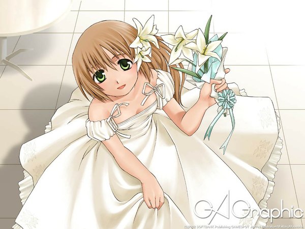 Anime picture 1024x768 with gagraphic mattaku mousuke single long hair looking at viewer fringe open mouth hair between eyes brown hair bare shoulders holding green eyes hair flower soft beauty girl dress flower (flowers) white dress bouquet tiles
