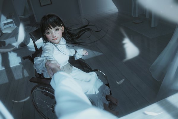 Anime picture 1920x1280 with original rui li long hair looking at viewer fringe highres black hair smile sitting indoors blunt bangs long sleeves barefoot realistic night shadow depth of field outstretched arm holding hands solo focus