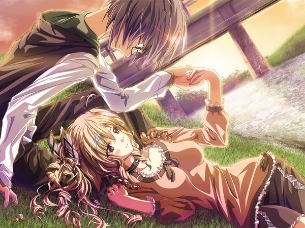 Anime picture 1024x768 with original inoshishi (ikatomo) long hair short hair black hair blonde hair lying black eyes couple river girl dress boy bow hair bow glasses bridge