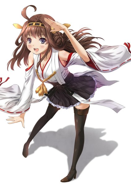 Anime picture 800x1131 with kantai collection kongou battleship chaki-yam single long hair tall image looking at viewer simple background brown hair white background ahoge shadow nontraditional miko girl thighhighs hair ornament detached sleeves