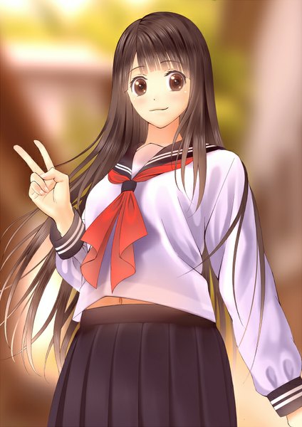 Anime picture 566x800 with original itoguchi (manma melon) single long hair tall image looking at viewer blush black hair brown eyes girl uniform serafuku