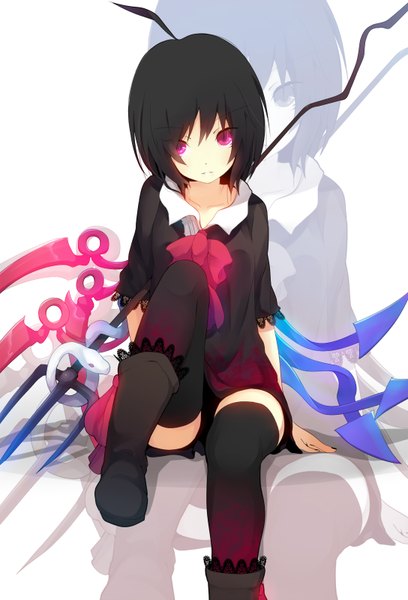 Anime picture 1088x1600 with touhou houjuu nue ogipote single tall image short hair black hair ahoge pink eyes zoom layer girl thighhighs bow black thighhighs wings