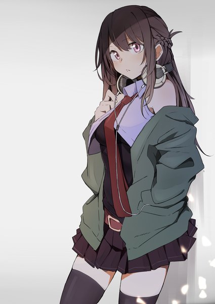 Anime picture 2149x3035 with original kazenoko single long hair tall image looking at viewer blush fringe highres simple background brown hair standing bare shoulders holding payot upper body braid (braids) pleated skirt pink eyes grey background