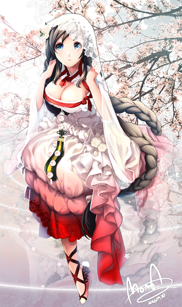 Anime picture 609x1027 with original momoa single tall image looking at viewer blue eyes black hair cleavage braid (braids) very long hair cherry blossoms girl dress plant (plants) tree (trees)