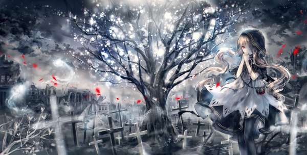 Anime picture 1600x813 with original onineko single long hair red eyes wide image twintails silver hair cloud (clouds) night wavy hair hands clasped ghost glow interlocked fingers bare tree ruins covering eye (eyes) girl dress