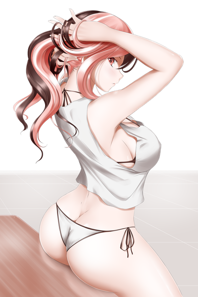 Anime picture 5000x7500 with rwby rooster teeth neopolitan (rwby) kimmy77 single long hair tall image looking at viewer blush fringe highres breasts light erotic simple background hair between eyes brown hair large breasts sitting payot pink hair