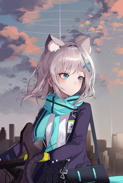 Anime picture 2000x2987 with blue archive shiroko (blue archive) taccho single long hair tall image highres blue eyes animal ears looking away sky silver hair cloud (clouds) outdoors extra ears girl uniform hair ornament school uniform scarf